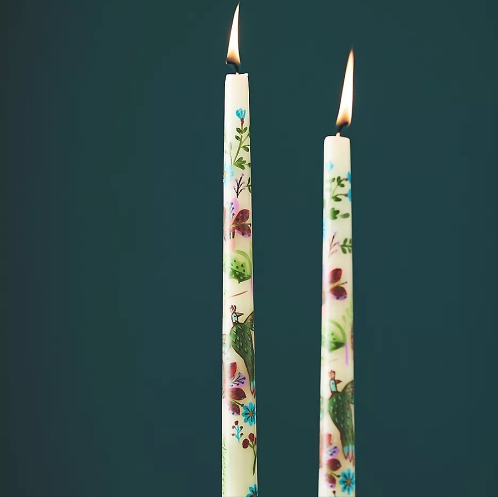 NIB ANTHROPOLOGIE Home Hand Painted Festive Forest 12" Taper Candles  Birds